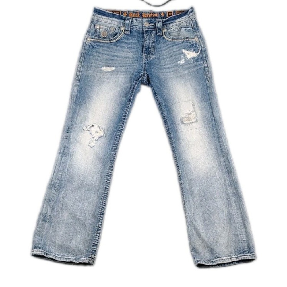 Rock Revival Distressed Darnell Western Bootcut Jeans Embroidered Mens 32x32